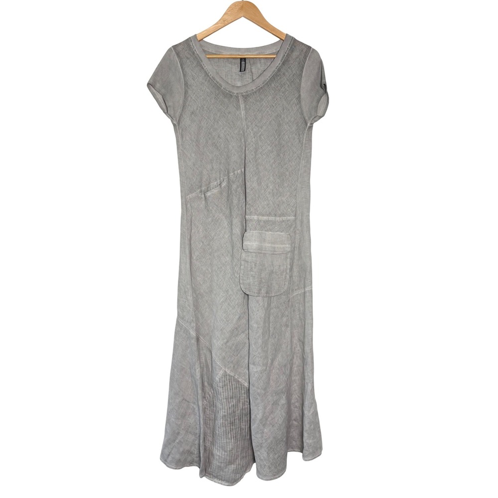 Inizio Italy Grey Linen Lagenlook Maxi Dress Short Sleeve Pocket Size Large